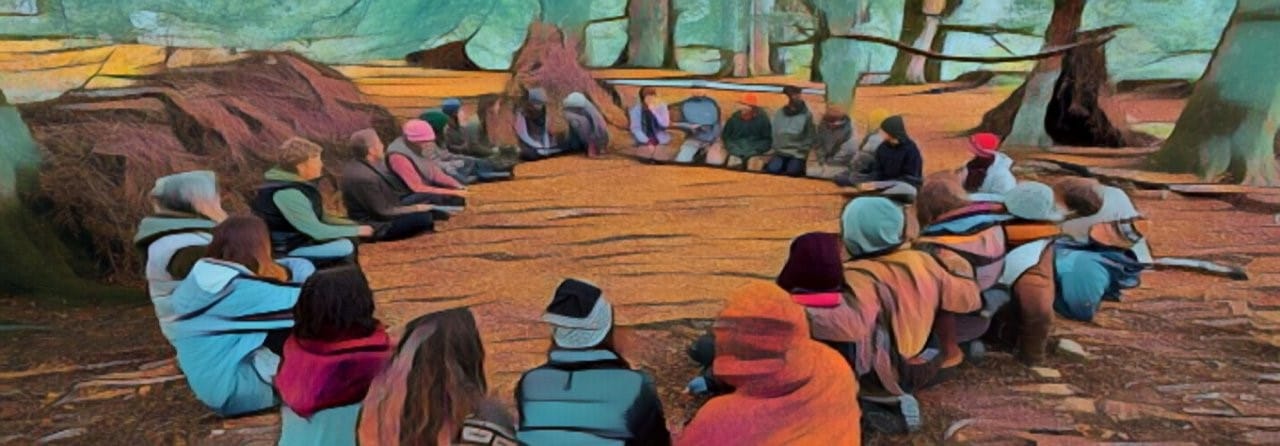 An artistic alternative painting-like image of a large group of people sitting in a large circle in the woods.